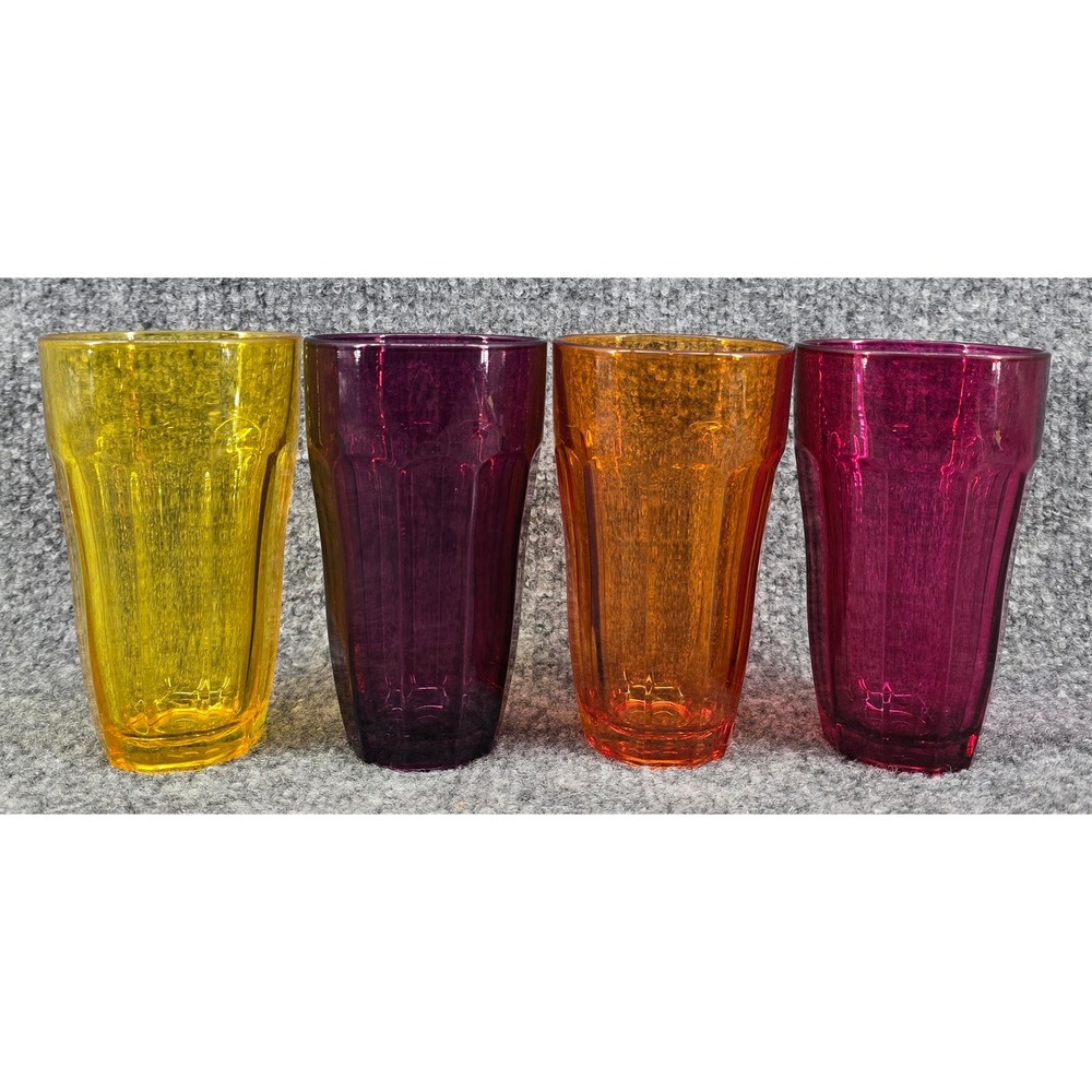 Vtg Pasabahce Palaks Tumbler Set of 4 Multicolor Glasses Jewel Tone Faceted 5.5"